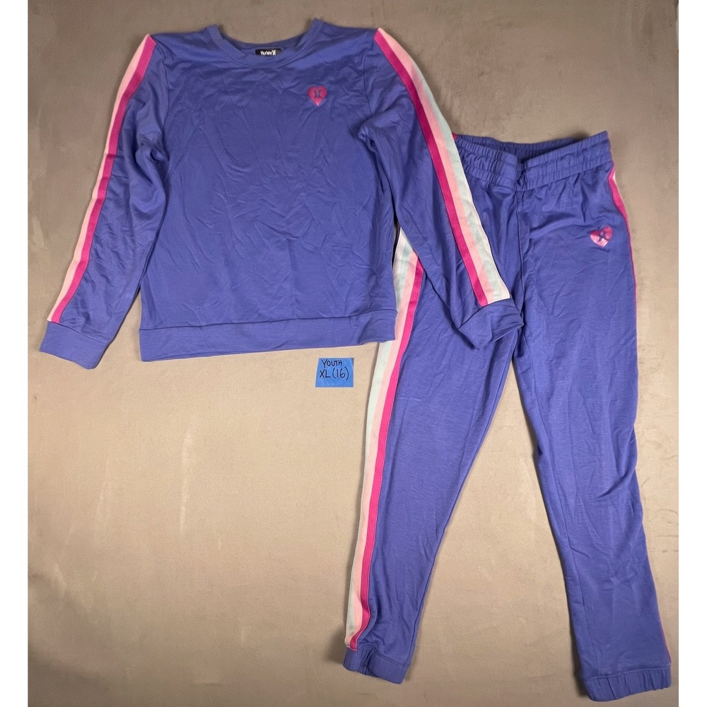 Hurley Girls Purple Tracksuit Set Sweatshirt Joggers Side Stripe Youth XL 16‎